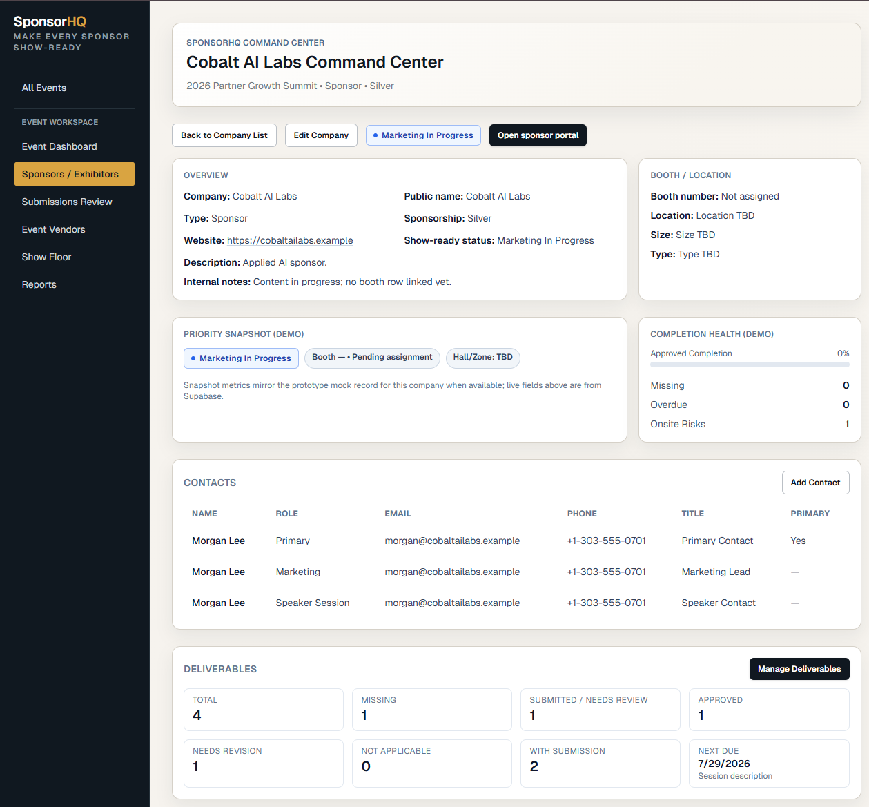 SponsorHQ sponsor detail view showing Cobalt AI Labs with overview, booth location, priority snapshot, completion health, contacts, and deliverables tracking